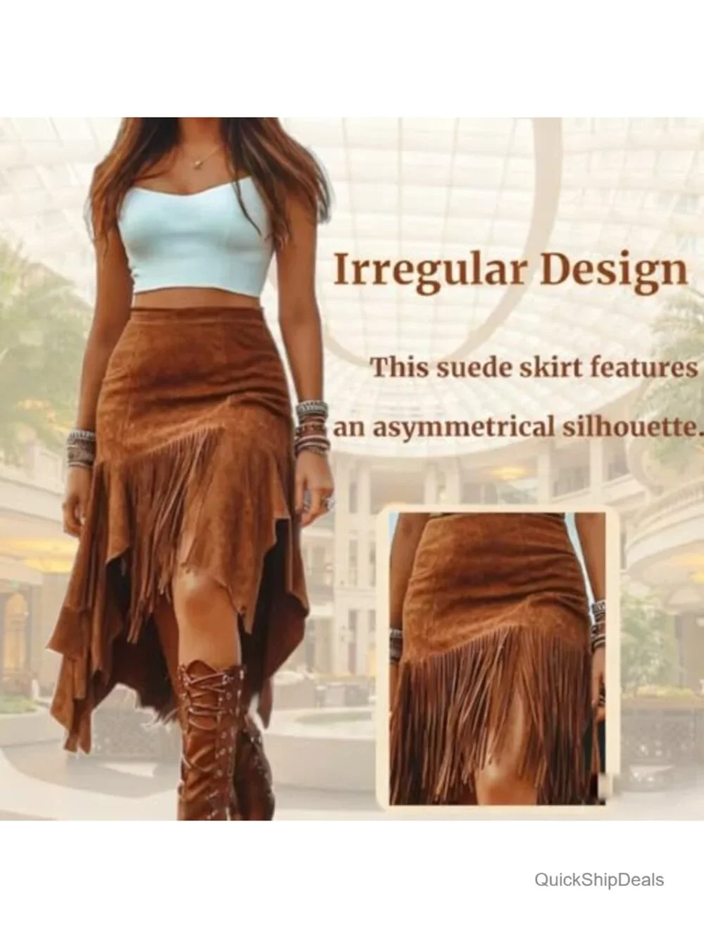 Fringe Faux Suede Skirt High Waist A-Line Midi Asymmetrical